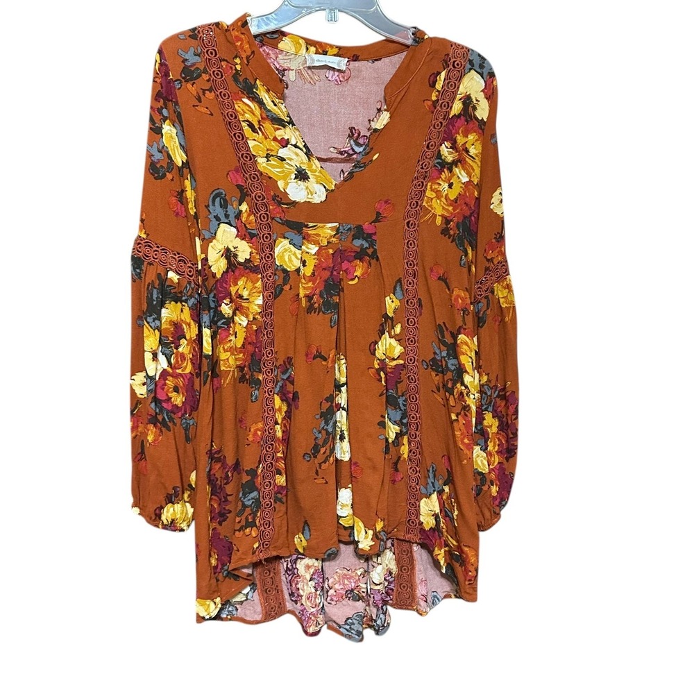 Altar'd State Long Sleeve Floral Print Crochet‎ Trim V Neck Tunic Top Womens M
